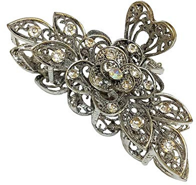 Fodattm Vintage-Haarklammer für Damen / Mädchen, aus Metalllegierung und Strass, große Größe, modische Haarspange im Retro-Look, mit Blumen, für dickes Haar