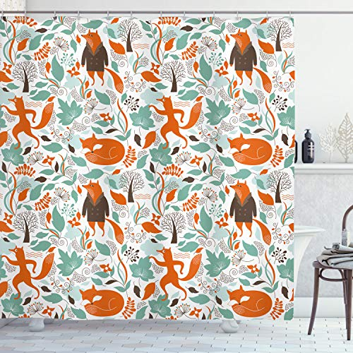ABAKUHAUS Renard Rideau de Douche, Jardin drôle, Tissu Ensemble de Décor de Salle de Bain avec Crochets, 175 cm x 200 cm, Turquoise Orange Marron