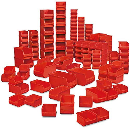 BRB Sichtlagerkästen PROFI, 100 Sichtboxen in Industriequalität, Farbe rot, 55x Größe LB6, 35x Größe LB5, 10x Größe LB4