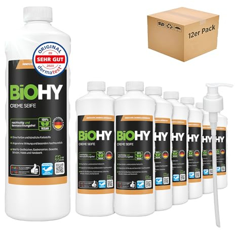 BiOHY Creme Seife (12 x 1L) + Pumpspender | Küche & Haushalt | Handhygiene & Handreinigung | entfernt Fett & Lebensmittelrückstände | geruchsneutral | ohne Parfüm & Farbstoffe | phosphatfrei