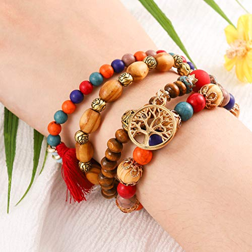 Bohend Boho Couches Perle Bracelets Arbre de vie Bracelet Bohême Turquoise Bois Chaîne de main Bijoux Pour Femmes (A)