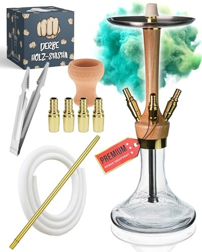 Zanabaq Premium 60cm Shisha Set Holz - 4 Anschlüsse + edles Zubehör - Wood Hookah - Wasserpfeife mit Closed Chamber und 4 18/8 Schliff Schlauch Anschluss Komplettset (Hell)