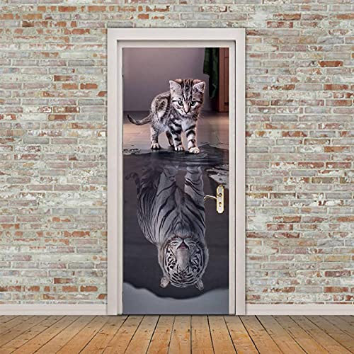 FHKGIUJAD Autocollants Muraux De Porte Trompe L'Oeil 3D Effet Animaux Chats Tigres Amovible Stickers Porte Papier Peint Auto-Adhésif Chambre Cuisine Salle De Bain Poster 77X200Cm