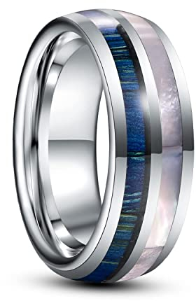 Vakki Herren Damen Silber Ehering Holz 8mm Wolfram Ring mit Weiße Perlmutt Paarring Geeignet Heiratsantrag Größe 59(18.8)