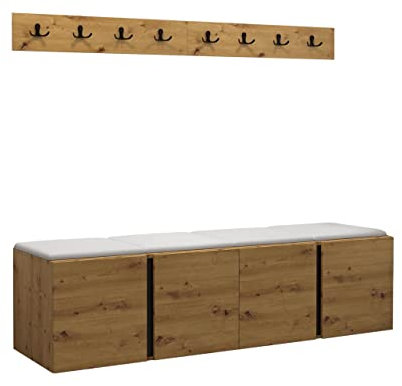 Mirjan24 Garderoben-Set Monati VII, 2X Schuhschrank + 2X Kleiderhakenbrett und Gepolstertes Paneel/Wandpaneel, 8 Doppelhaken, Flurgarderobe, Wandgarderobe (Eiche Artisan/Schwarz, Soft 017)