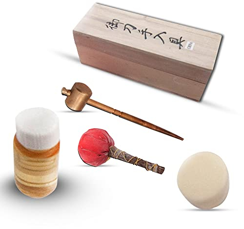 Swords and more Schwertpflegeset, Wartungs- und Pflegeset für Samuraischwerter in Holzkiste, Öl, Pulverquaste, Reinigungspapier, Messinghammer, Geschenk für Sammler und Fans