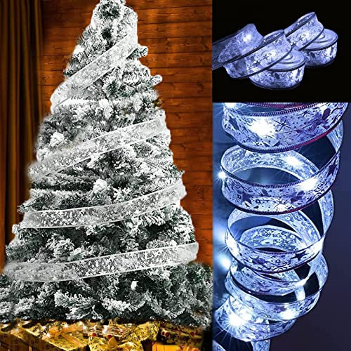 2Pack Christmas Fairy Lights Indoor Outdoor, 30FT 80LED Christmas Decorations Battery Fairy Lights Ribbon String Lights Curtain Lights Christmas Tree Lights for Christmas Decorations Xmas Decor White