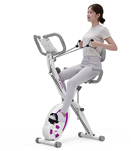 leikefitness Fahrradtrainer, Klappbar Heimtrainer Fitnessfahrrad, Multifunktionale Ergometer Fitnessgerät Sportgerät Zuhause mit 12-Stufiger Widerstand, Pulsmesser, Zugbänder, für Cardio (lila)