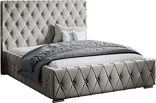 Polsterbett Doppelbett Stauraum Samtstoff 120x200 140x200 160x200 180x200 cm Bettgestell Mit Bettkasten Lattenrost und Kopfteil - Bett mit Kristallen - Hydrophobe Stoff - Hell Beige - 160 x 200 cm