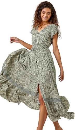Roman Shirred Empire Waist Dress for Women UK Ladies Midi Maxi Summer Spring Tiered Frill Hem Short Sleeve V Neck Button Through Boho Bohemian Holiday Cruise Khaki