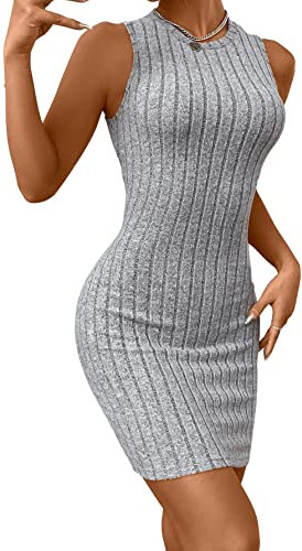GORGLITTER Figurbetontes Kleid Kurz Tank Kleid Damen Rippenstrick Kleider Bleistift Kleid Sexy Sommer Minikleid Grau S