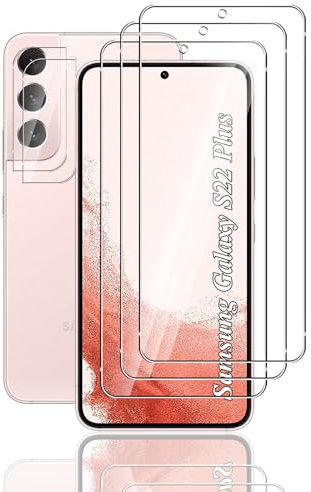 FengWang 3 Piezas Vidrio Templado compatible con Samsung Galaxy S22 Plus y 2 Piezas Protector de Lente de cámara,Dureza 9H, Antiarañazos, Sin Burbujas,HD Protector de pantalla
