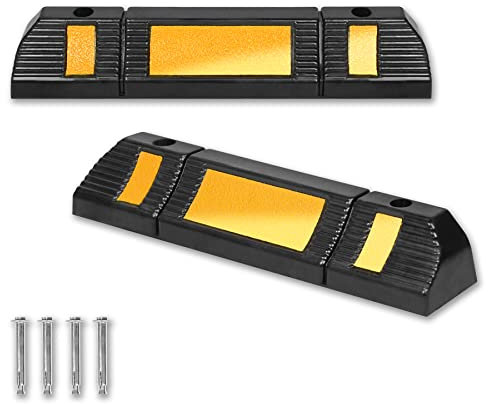 SUBTLETY 60x12x10cm Gummi Parkplatzsperren 2 Stück Parkstopper Set inkl. Dehnschraube & Gelb Reflexionsstreifen Robust Radstopper Parkplatzmarkierung Einparkhilfe für Parkplätze Garage Parkhäuser