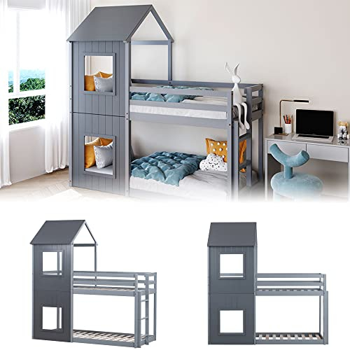 kubeier Kinderbett, Hochbett 90x200 mit Leiter, Jugendbett, Doppelbett Hausbett mit Leiter & Baldachin, Platzsparendes Kinder Etagenbett für Jungen & Mädchen, Rahmen aus Kiefer,Grey