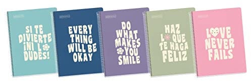 Miquelrius - Pack 5 Cuadernos A4 Mensajes, Cuadriculado 5x5mm, 80 Hojas de 90 g/m², 1 Franja de Color, Espiral Microperforado, Tapa dura, Tamaño 210 x 297 mm y 4 Taladros para 4 anillas