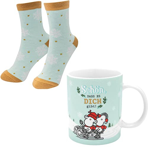 Sheepworld Tasse-Socken-Set Motiv Schön, dass es dich gibt | Geschenkset Winter, Weihnachten, Tasse aus Porzellan, 35 cl, Damensocken in Größe 36-40 | Geschenk Weihnachten, Nikolaus, Advent | 51121