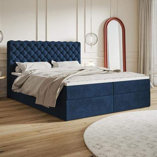 MOTIVENA Nero Chesterfield Boxspringbett 160x200 mit Bettkasten und Topper, Polsterbett 160x200 mit Bettkasten, Taschenfederkern-Matratze (H3), T28 Schaumstoff Topper (H3), Samt, Blau (Dunkelblau)