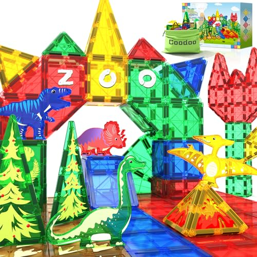 Dinosaur World Magnetic Tiles Building Blocks - STEM Toys for Toddlers, Creative Construction Play for 3+ Year Old Boys Girls, Preschool Learning Sensory Toys