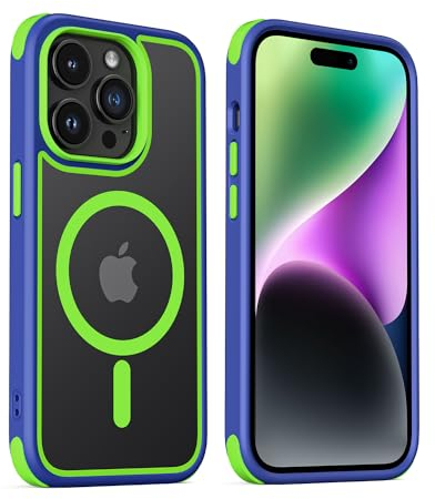 MobNano Hybrid Magnetisch Durchsichtig Hülle für iPhone 14 Pro Hülle [Kompatibel mit MagSafe] Stoßfest Bumper Transparent Starke Magnet Handyhülle Clear Silicone iPhone 14pro Case - Blau/Gelbgrün