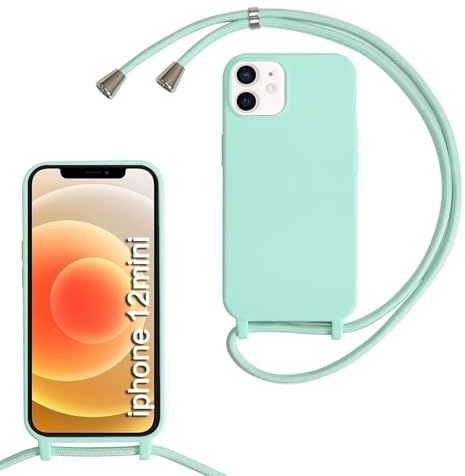 SLWYF Compatible with iPhone 12 Mini Crossbody Lanyard Case, Liquid Silicone Protective Phone Case with Strap Adjustable Neck Cord Necklace Soft Cover for iPhone 12 Mini, Mint Green