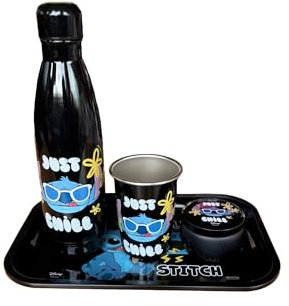 Hômadict - Caja de regalo Stitch Just Chill - Botella isotérmica + bandeja de metal + pequeña caja de metal + vaso de metal - Licencia oficial