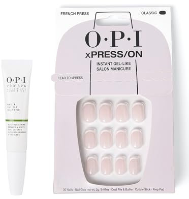 OPI xPRESS/ON Press On Nails & Cuticle Oil, 30 Pcs Reusable False Nails with up to 14 Days of Wear, Deeply Nourishing Cuticle Oil,Gel-Like Salon Manicure, Vegan, French Press Nude Nail Polish