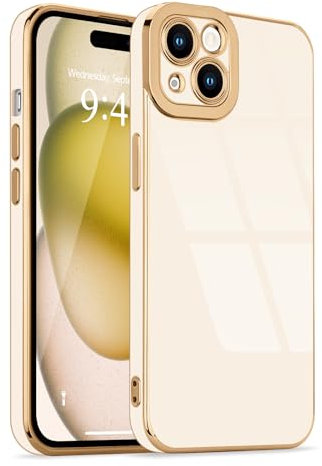 Lafunda for iPhone 15 Case, Luxury Plating for Womens Gilrs Case, Full Camera Protection Soft TPU Bumper Cover, Shockproof Silicone Slim Phone Case for iPhone 15 6.1, Beige