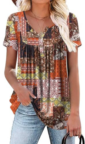 Aodemo Womens Summer Casual Tops Henley Short Sleeve Shirts Loose Fit Tunic Ladies Flowy Blouse L, Multiple Blocks