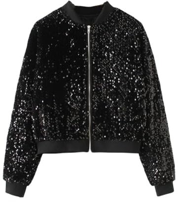 LAIYUTING Schwarze Pailletten Bomberjacke Für Damen, Leichte Damen Glitzerjacke Für Festivals, Langärmlige Glitzernde Biker Jacke Für Shinny Club Dance Party Kostüme