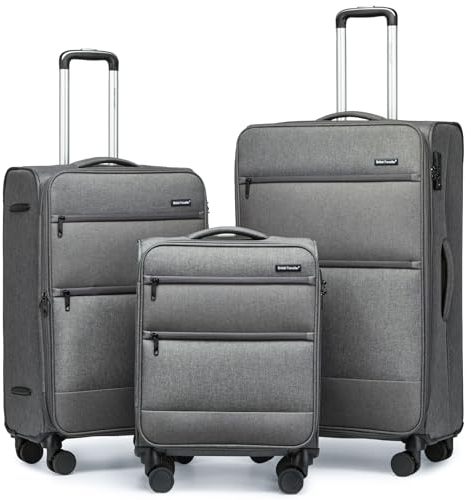 British Traveller Koffer Trolley Groß Kofferset 3 Teilig Reisekoffer 4 Rollen Leicht Weichgepäck Handgepäck Koffer Stoff mit TSA Schloss,Rollkoffer Grau Gepäck S-M-L