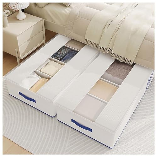 RYJYQYX Unterbett Aufbewahrung Faltbar mit 5 Verstellbaren Trennwänden, Unterbettbox mit transparenter Deckel, Verstauboxen Mit Deckel für Schuhe,Kleidung,Stiefel,Spielzeug,Taschen,White-2Pcs