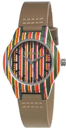 Holzwerk Germany Handgefertigte Kleine Rainbow Regenbogen Öko Damen-Uhr Öko Natur Holz-Uhr Leder Armband-Uhr Analog Klassisch Quarz-Uhr in Schwarz Bunt Blau Gelb Rot (Braun.Bunt)