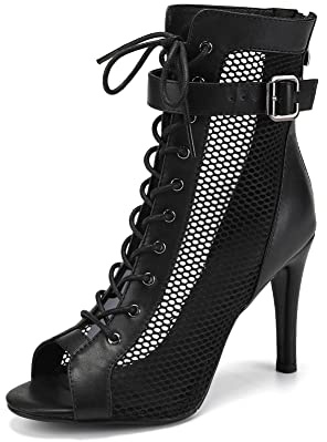 VCIXXVCE Bottines de Danse Latine Femme à Lacets Talons Hauts Peep Toe | Bout Ouvert Salle de Bal Salsa Bachata Tango Pratique et Performance Danse Bottines Talon 9.5 cm, Zip Semelle en caoutchouc