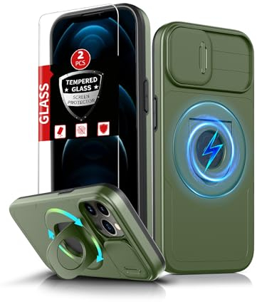 FRLMOOES pour iPhone 12 Coque Magnétique,pour iPhone 12 Pro Étui Compatible avec MagSafe Chargement sans Fil,avec 2 Trempé Protection,Cache Caméra intégré+360°Béquille Support,Absorbant de Choc Vert