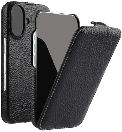 Mobiskin Hülle passend für iPhone 16 (6,1 Zoll), Handyhülle mit beschichtetem Leder, Flip Case kompatibel mit MagSafe, Schutzhülle, Handy-Tasche, Slim Cover, dünn, Schwarz