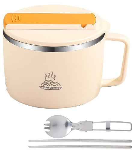 304 Stainless Steel Noodle Bowl Set - Portable 1200ml Bowl with Lid and Utensils for Kitchen and Office (Yellow)