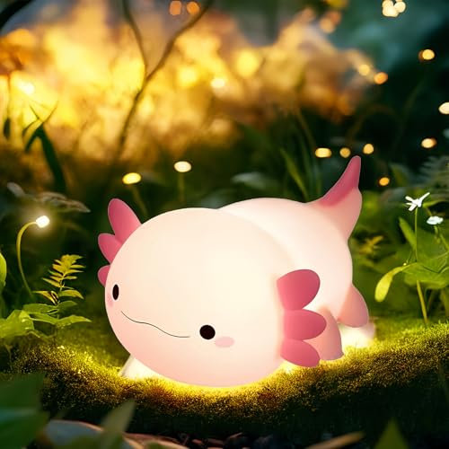 Almaxi Axolotl Nachtlicht Kinder, Stilllicht Dimmbar Silikon, Axolotl Lampe Touch, Wiederaufladbar, Kinderzimmer LED Nachtlicht Baby Dimmbar mit Timer, Geschenke für Kinder Babys