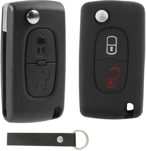 2 Botones Carcasa de Llave de Coche para Peugeot CE0536 207 SW 307 308 3008 5008 Partner Citroen C2 C3 Picass C4 C5 C6 Mando Carcasa Funda Llaves de Repuesto con Funda Silicona Protectora y Llavero