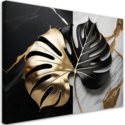 Feeby Viles - Leinwand Bilder - Glamour Monstera Abstrakt - 60x40 cm - Deko Wohnzimmer - Wandbilder Schlafzimmer - Deko Aesthetic - Wand Deko - Leinwand Groß - Deko Zimmer - Leinwandbilder XXL