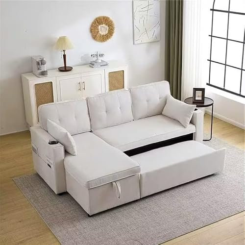 BTM L Shape Sofa Bed, 3 Seater Corner Sofa with Storage, Pull Out Sofa Bed with Cup Holders, Pillows and Storage Pocket for Living Room/Office, Beige