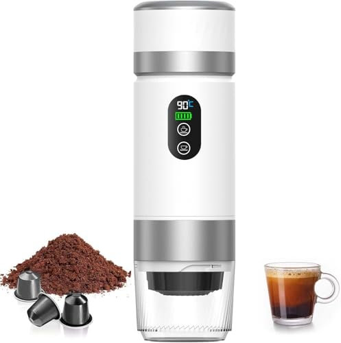 Tragbare outin espressomaschine Kaffeemaschine, 3-in-1 Reisekaffeemaschine, Elektrische Heizung, Wiederaufladbare 12V Kaffeemaschine, Kompatibel mit Espressokapseln und gemahlenem Kaffee (Weiß)