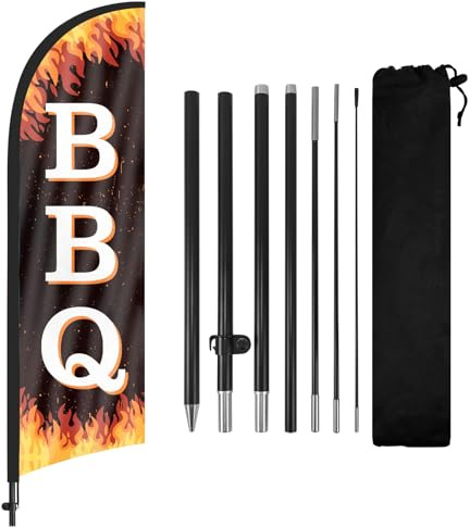 BBQ Advertising Swooper Flag, BBQ Feather Flags with Flag Pole and Ground Stake, 8FT Advertising Feather Banner Sign for BBQ Business