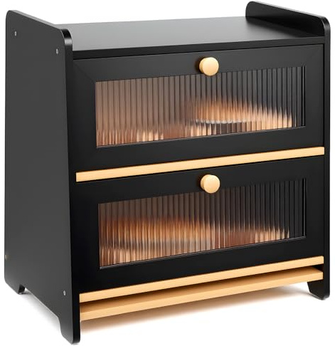 HAUSPROFI Scatola per il Pane in Bambù 2 Ripiani, Scatola per Pane in Legno con Tagliere, Ventilazione, Finestra Ondulata Trasparente, Elegante, 40x25x40cm Grande, Nera