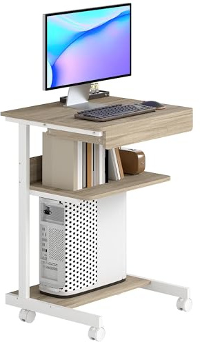 HOMCOM Schreibtisch mit Rollen Computertisch platzsparender Bürotisch mit CPU-Ständer, Schublade, Ablage, PC Tisch für Home Office, Schlafzimmer Eiche
