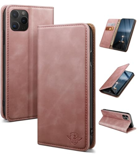 SUANDUCK for iPhone 11 Pro 5.8 mobile phone case magnetic leather flip case with RFID-blocking card compartment, adjustable stand and 360° drop protection with Apple 11 Pro Rose Gold