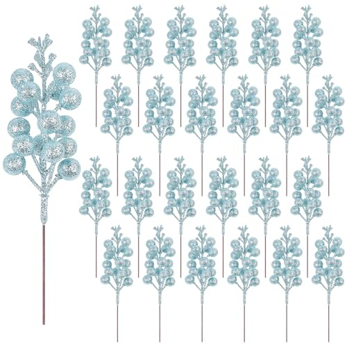Fangoo 24 Stück Hellblau Beeren Stiele Künstliche Burgunder Picks Stechpalme Hellblau Beeren Zweige Weihnachtsbeeren Stiel Picks für Weihnachtsbaum DIY Handwerk Hochzeit Feiertage Winter Dekoration