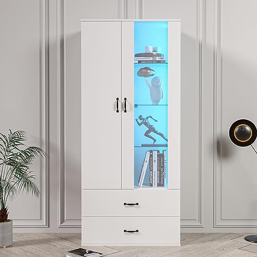 NADEUSAK Vitrine 60 x 180 cm,Weiß 2 Türen Standvitrine transparenter, Wohnzimmer Wohnzimmerwand Buffetschrank