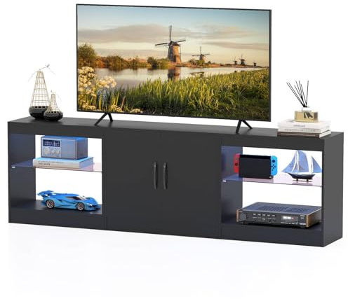 Multigot TV Stand Cabinet for TVs up to 85 Inches, 3 Pieces Modular Console TV Unit with LED Lights, Adjustable Glass Shelves & Cabinet, Free Combination Media Stand Entertainment Center (Black)