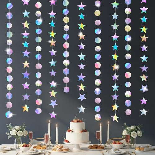 Yuccer 2 Stück Iridescent Runde Stern Garland Papier Girlande Glitzer Deko | Party Dekoration für Geburtstag Verlobung Hochzeit Weihnachten Valentinstag (Irisierender Kreis + fünfzackiger Stern)
