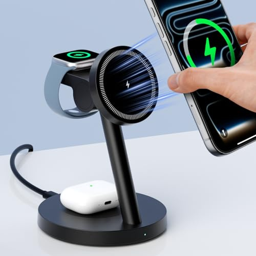 KPON Magsafe Ladestation Ladegerät 3-IN-1 für iPhone Apple Watch AirPods | Induktive Handy Ladestation für Apple Watch und iPhone 17~12 Serie, Apple Watch 11~2, AirPods Schreibtisch Nachttisch